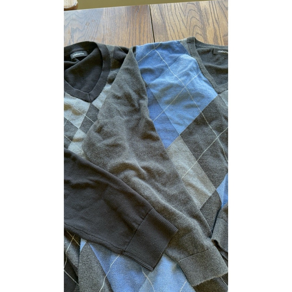 Set 2 Liz Claiborne Argyle Preppy Academy‎ Cotton Sweater Size Large Blue Black - Picture 3 of 13